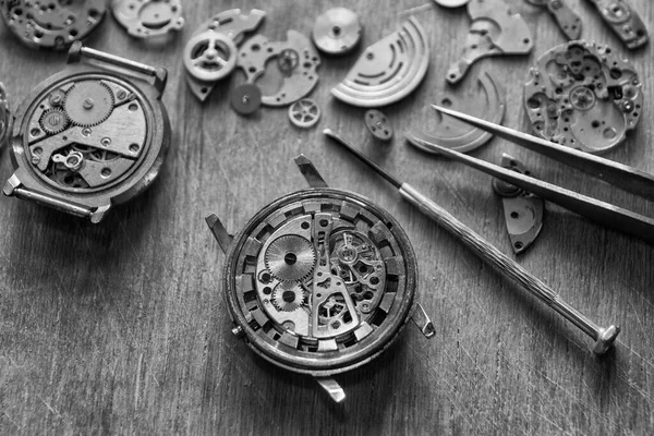 Watchmaker is repairing the wristwatch, mechanical watch, close up