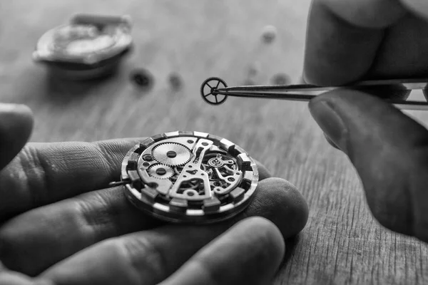 Ωρολογοποιός Επισκευάζει Ρολόι Χειρός Μηχανικό Ρολόι — Φωτογραφία Αρχείου