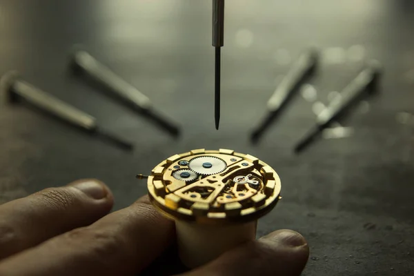 Watchmaker is repairing the wristwatch, mechanical watch