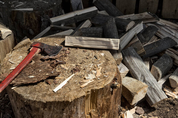 tools for firewood cutting, axe, firewood, stump,