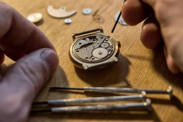 時計メーカーはヴィンテージ自動時計を修理している — ストック写真