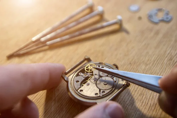 Zegarmistrz Naprawia Zabytkowy Zegarek Automatyczny — Zdjęcie stockowe