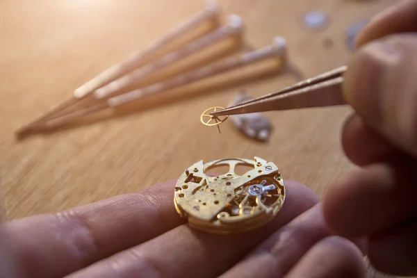 Saatçi atölyesindeki mekanik saatleri tamir ediyor.