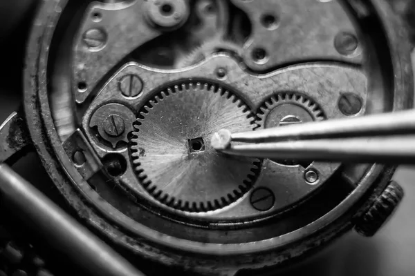 Horlogemaker Werkplaats Mechanische Horloge Reparatie Extreme Close — Stockfoto