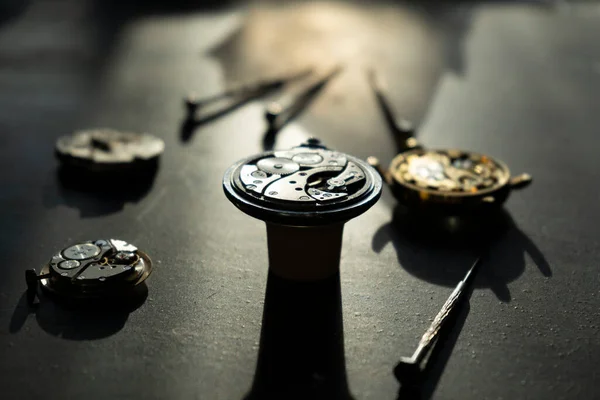 Atelier Horloger Réparation Montres Mécaniques Extrême Gros Plan — Photo