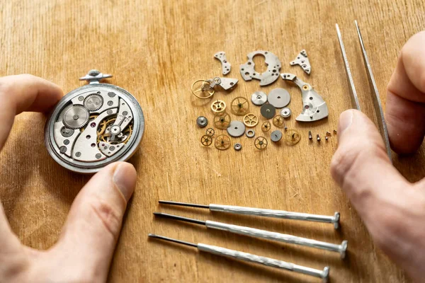 Horlogemaker Repareert Het Polshorloge Mechanisch Horloge — Stockfoto