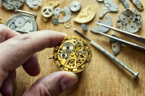 Ωρολογοποιός Επισκευάζει Ρολόι Χειρός Μηχανικό Ρολόι Κοντά — Φωτογραφία Αρχείου