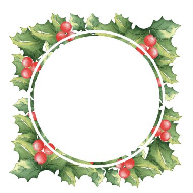 Ökseotu yapraklarından yapılmış zarif bir Noel çerçevesi. Suluboya çizimi. El çizimi. Tatil kartları ve hediyeler için uygun.