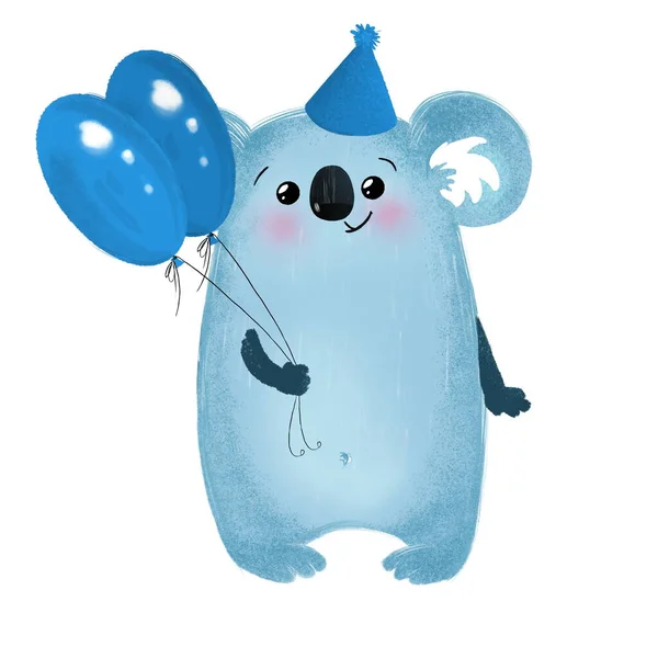 Leuke Koala met blauwe ballonnen. Kinderillustratie is geschikt voor het maken van wenskaarten, uitnodigingen. geïsoleerd op wit — Stockfoto