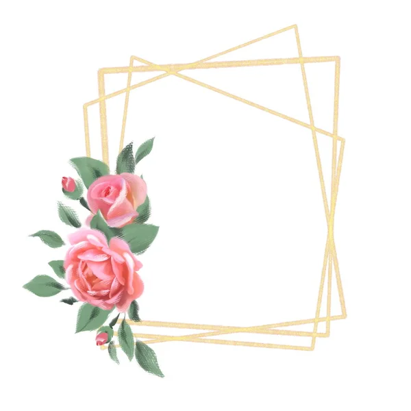 Elegante marco de oro con rosas. Adecuado para decorar invitaciones, tarjetas de felicitación — Foto de Stock
