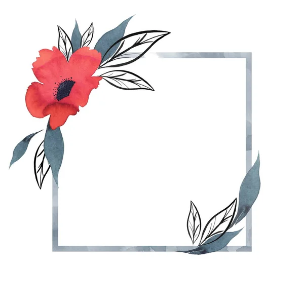 Квадратна рамка з червоними квітами. Малюнок рук. Акварельна ілюстрація. Ізольовані на білому Стокове Зображення