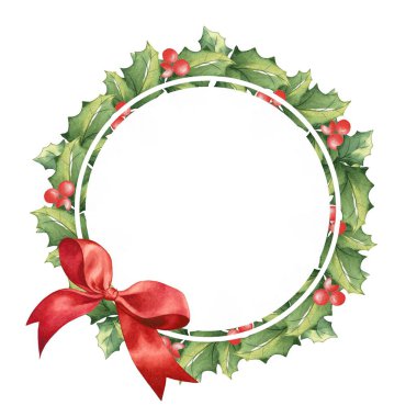 Ökseotu yapraklarından yapılmış zarif bir Noel çerçevesi. Suluboya çizimi.