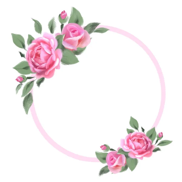 Κομψό ροζ πλαίσιο με τριαντάφυλλα. Κατάλληλο για διακόσμηση προσκλήσεων, ευχετήριες κάρτες, επαγγελματικές κάρτες — Φωτογραφία Αρχείου