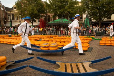 ALKMAAR, HOLLLAND, NETHERLANDS, 30 AĞUSTOS 2019. Hollanda, Alkmaar 'daki peynir pazarı.