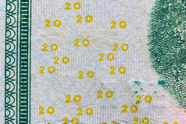 Fragment Banknotu Dwudziestodolarowego Sfotografowanego Makro — Zdjęcie stockowe