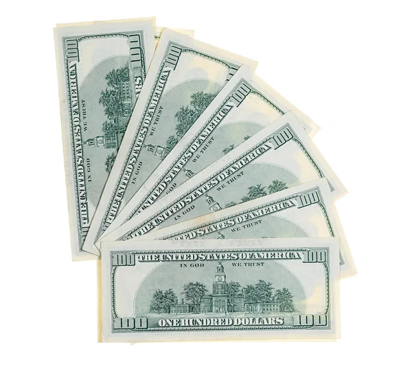 Egy Halom 100 Dolláros Bankjegy Rajongó Izolált Fehér Háton — Stock Fotó