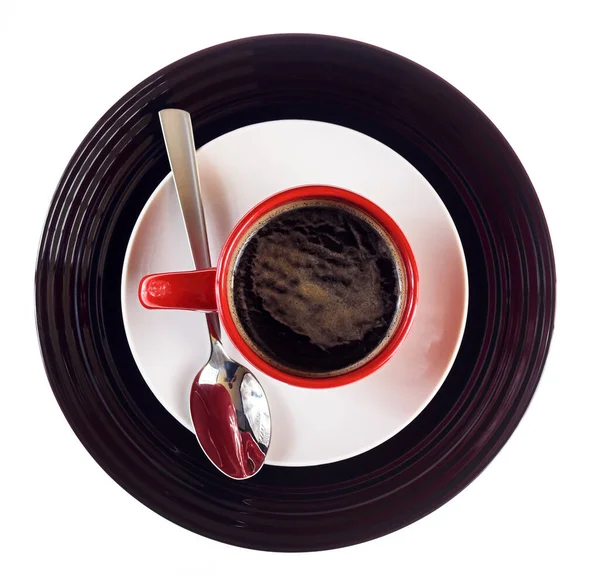Чашка Кофе Черной Тарелке Изолированы Белом Фоне — стоковое фото