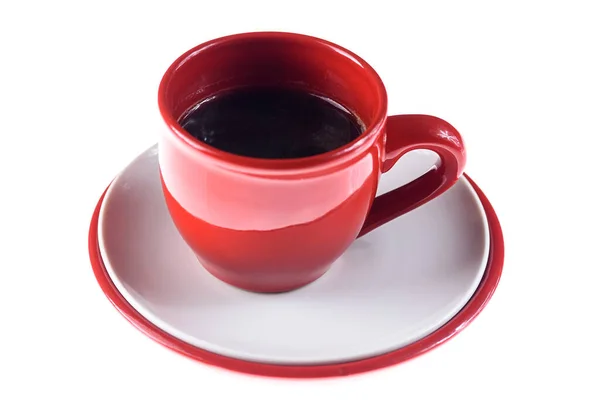 Kaffee Einem Roten Becher Auf Einem Weißen Teller Auf Weißem — Stockfoto