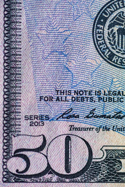 Vista Perto Uma Nota Cinquenta Dólares — Fotografia de Stock