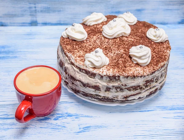 Sour Cream Cake Cream Fresh Coffee Red Mug — Stock Photo, Image
