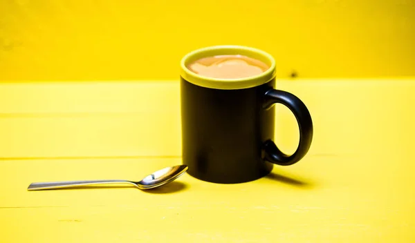 Coffee Black Mug Yellow Wooden Background — Stock Photo, Image