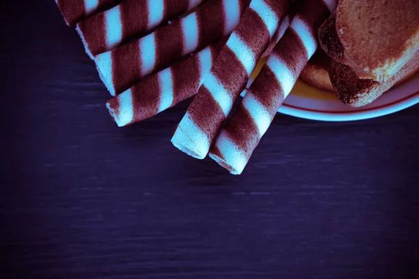 Waffle Rolls Plate Coffee Mug Dark Background — Stock Photo, Image
