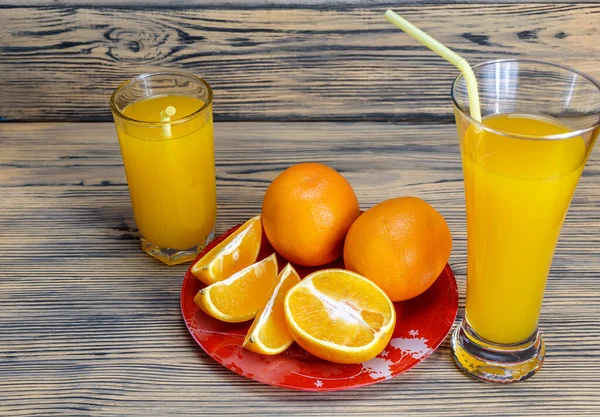 Oranges Orange Juice Wooden Background — Stock Photo, Image