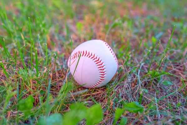 Baseballball Auf Grünem Rasen Nahaufnahme Fotografiert — Stockfoto