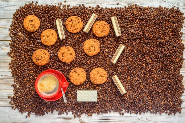 Cup Coffee Homemade Cakes Background Coffee Beans — Stock Photo, Image