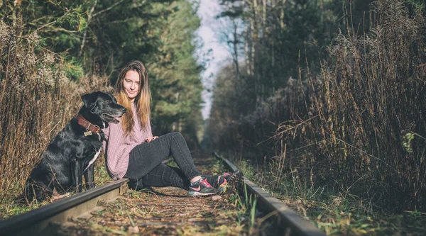 Young Beautiful Girl Autumn Forest Dog — Stock Photo, Image