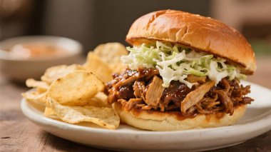 Ev yapımı Vegan nefesi Barbekü sandviç lahana salatası ve patates kızartması ile çekti