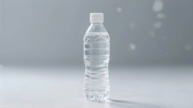 Gri arka planda plastik su şişesi. Metin için boşluk