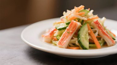 El yapımı Japon Kani Salatası. Yengeç saplı ve sebzeli..