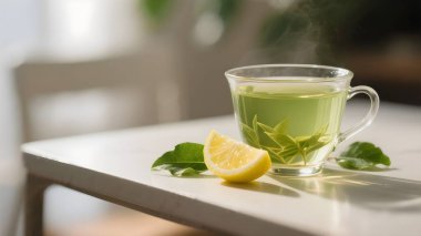 Yeşil çayı limonlu ve yapraklı ferahlatıyor, yakın plan.