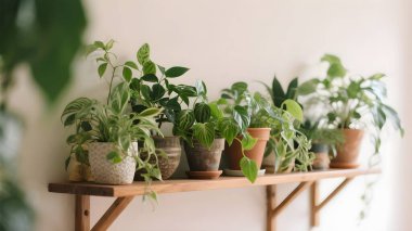 Wooden shelf with beautiful houseplants on light wall
