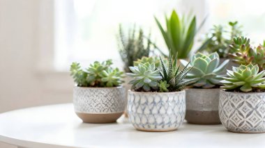 Hafif arka plan, metin alanı karşı beyaz masada tencere güzel etli bitkiler. Ev dekoru