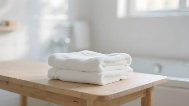 Banyodaki masada beyaz havlu, mesaj için yer var.