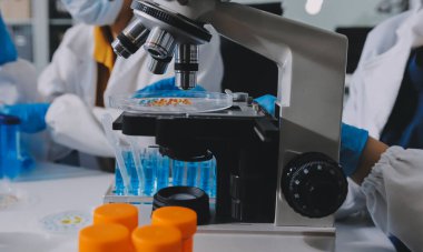 Araştırma ya da geliştirme için laboratuardaki insanlarla işbirliği, tablet ya da bilim. Tıbbi araştırma ve planlama için klinik deneyde bilim adamlarıyla buluşlar, teknolojiler ve mikroskop