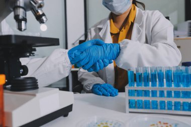 Araştırma ya da geliştirme için laboratuardaki insanlarla işbirliği, tablet ya da bilim. Tıbbi araştırma ve planlama için klinik deneyde bilim adamlarıyla buluşlar, teknolojiler ve mikroskop