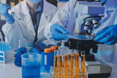 Araştırma ya da geliştirme için laboratuardaki insanlarla işbirliği, tablet ya da bilim. Tıbbi araştırma ve planlama için klinik deneyde bilim adamlarıyla buluşlar, teknolojiler ve mikroskop