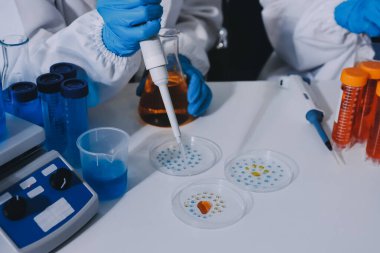 Araştırma ya da geliştirme için laboratuardaki insanlarla işbirliği, tablet ya da bilim. Tıbbi araştırma ve planlama için klinik deneyde bilim adamlarıyla buluşlar, teknolojiler ve mikroskop