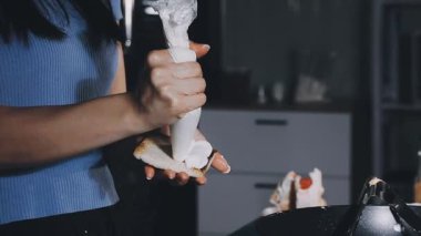 asian girl cooking in the kitchen.