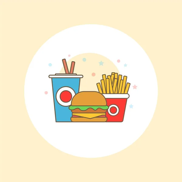 Colorido vector de comida rápida aislado sobre fondo blanco. Comida rápida hamburguesa cena y restaurante, sabrosa comida rápida muchas comidas y comida rápida poco saludable nutrición clásica en estilo plano . — Vector de stock