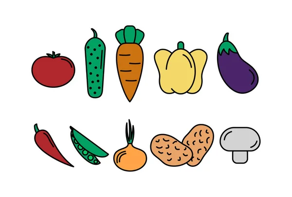 Conjunto de rabiscos coloridos. Vegeables ilustração vetorial. Conceito de loja — Vetor de Stock