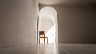 Kemerli bir geçitten geçen yumuşak güneş ışığıyla parlak bir koridora yerleştirilmiş, minimalist ve rahatlatıcı mimari bir iç mekan oluşturan, 3 boyutlu sakin bir sandalye..