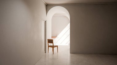 Kemerli bir geçitten geçen yumuşak güneş ışığıyla parlak bir koridora yerleştirilmiş, minimalist ve rahatlatıcı mimari bir iç mekan oluşturan, 3 boyutlu sakin bir sandalye..