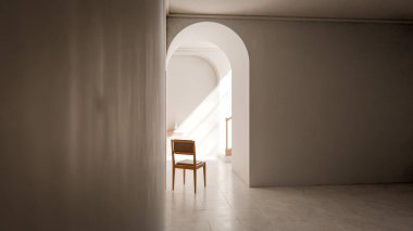 Kemerli bir geçitten geçen yumuşak güneş ışığıyla parlak bir koridora yerleştirilmiş, minimalist ve rahatlatıcı mimari bir iç mekan oluşturan, 3 boyutlu sakin bir sandalye..