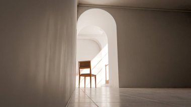 Kemerli bir geçitten geçen yumuşak güneş ışığıyla parlak bir koridora yerleştirilmiş, minimalist ve rahatlatıcı mimari bir iç mekan oluşturan, 3 boyutlu sakin bir sandalye..