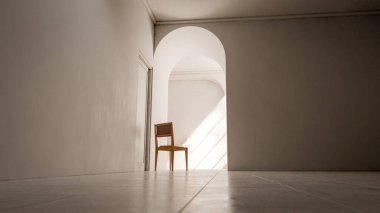 Kemerli bir geçitten geçen yumuşak güneş ışığıyla parlak bir koridora yerleştirilmiş, minimalist ve rahatlatıcı mimari bir iç mekan oluşturan, 3 boyutlu sakin bir sandalye..