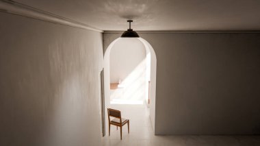 Kemerli bir geçitten geçen yumuşak güneş ışığıyla parlak bir koridora yerleştirilmiş, minimalist ve rahatlatıcı mimari bir iç mekan oluşturan, 3 boyutlu sakin bir sandalye..
